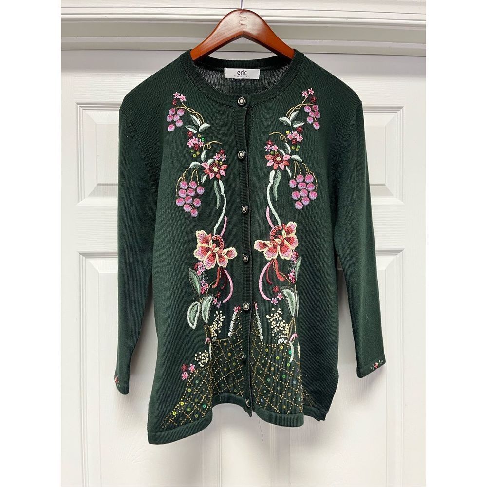 Eric Green/ Black Heavily Floral Embroidered Cardigan Sweater sz XL EUC